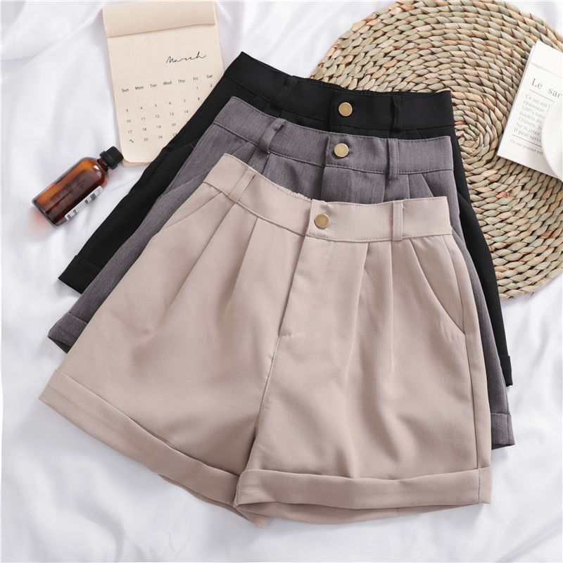 Women’s Solid Color High-Waist Wide-Leg Shorts – Casual Korean Style Roll-Up Design