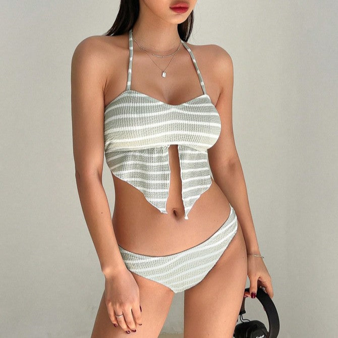 Women’s Striped Two-Piece Swimsuit – Color Block Sleeveless Bikini Set