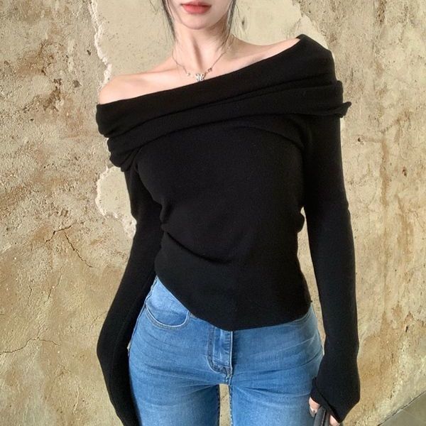 Women’s Off-Shoulder Knit Sweater – Clavicle Design Ribbed High Stretch Top