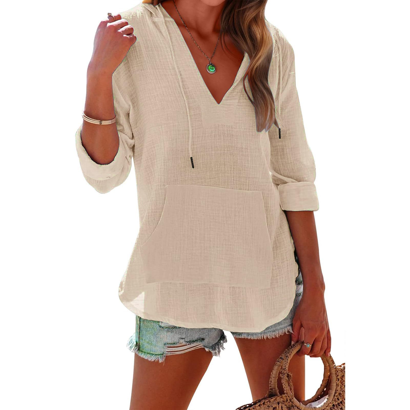Women’s V-Neck Hooded Shirt – Casual Long Sleeve Pocket Loose Top