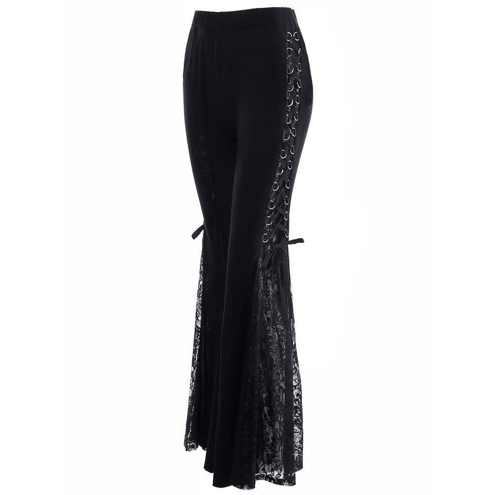 Women’s Black Flared Pants with Lace Detail – Elegant High-Waist Trousers for Chic Outfits