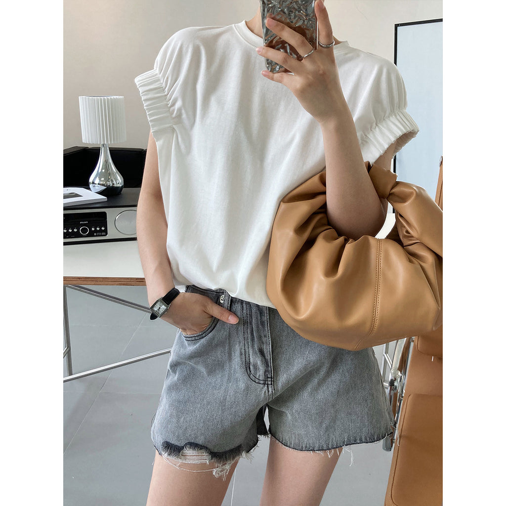 Women’s Pleated Short Sleeve T-Shirt – Casual Loose Fit Cotton Top