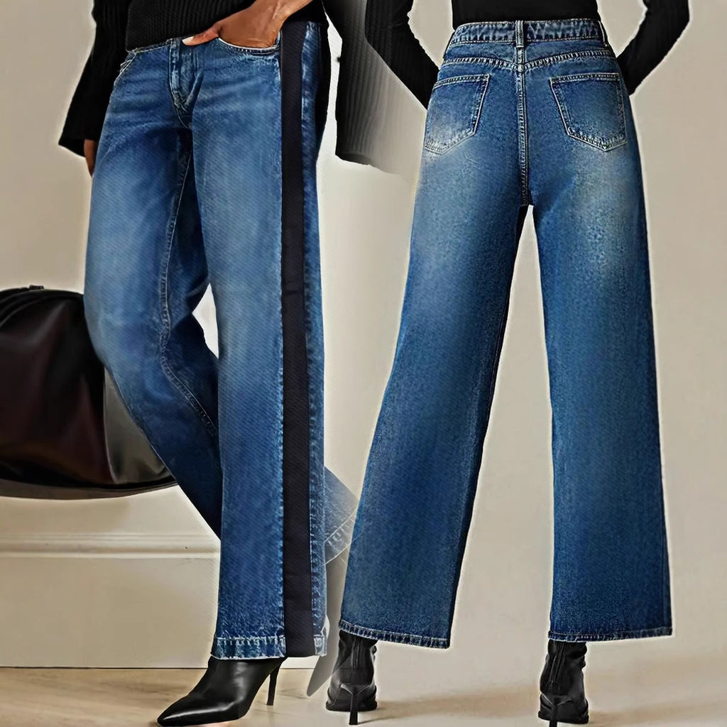 Women’s Patchwork Color Block Jeans – Straight-Leg Denim