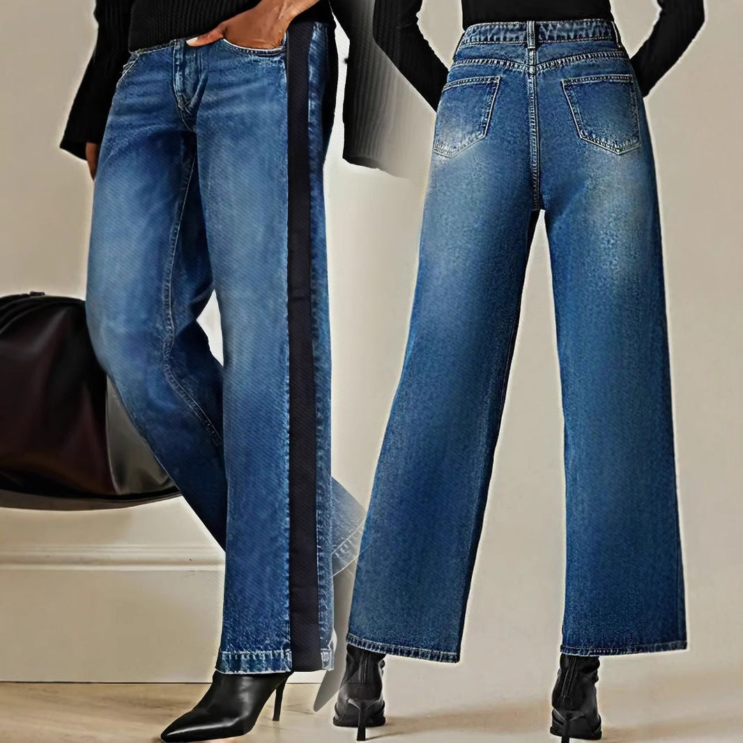 Women’s Patchwork Color Block Jeans – Straight-Leg Denim
