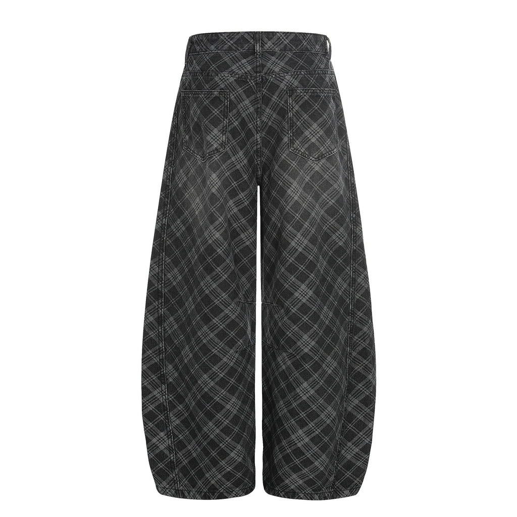 Vintage Plaid Wide-Leg Pants – Mid-Rise Washed Cotton Trousers for Retro Street Style