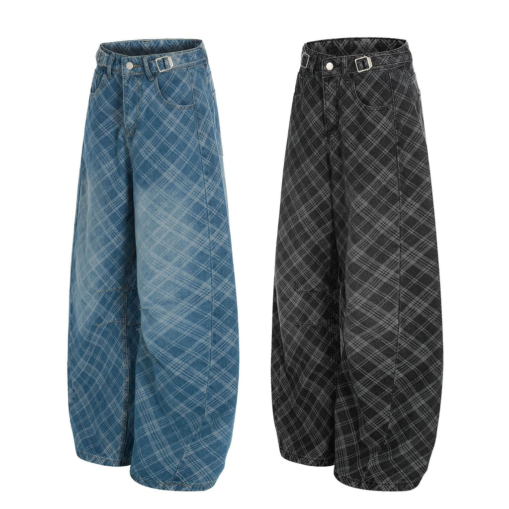 Vintage Plaid Wide-Leg Pants – Mid-Rise Washed Cotton Trousers for Retro Street Style