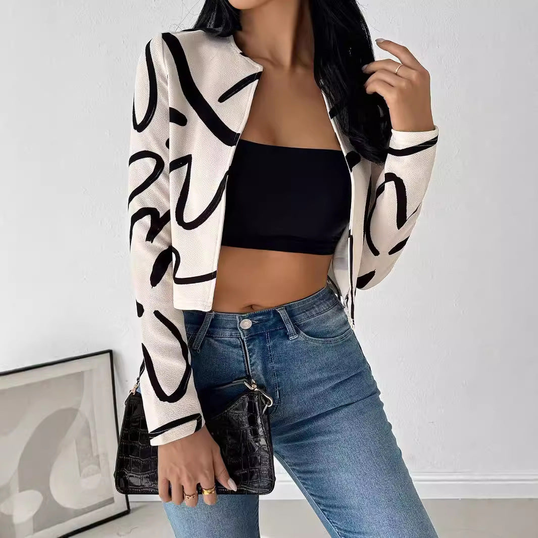Women’s Printed Jacket Top – Elegant Geometric Long Sleeve Casual Jacket