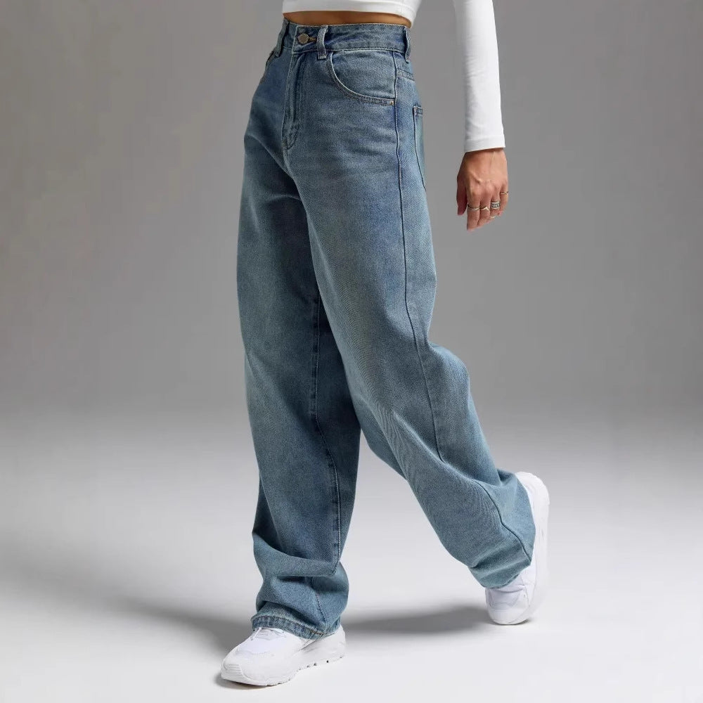 Women’s Wide-Leg Denim Jeans – Vintage Wash Relaxed Fit