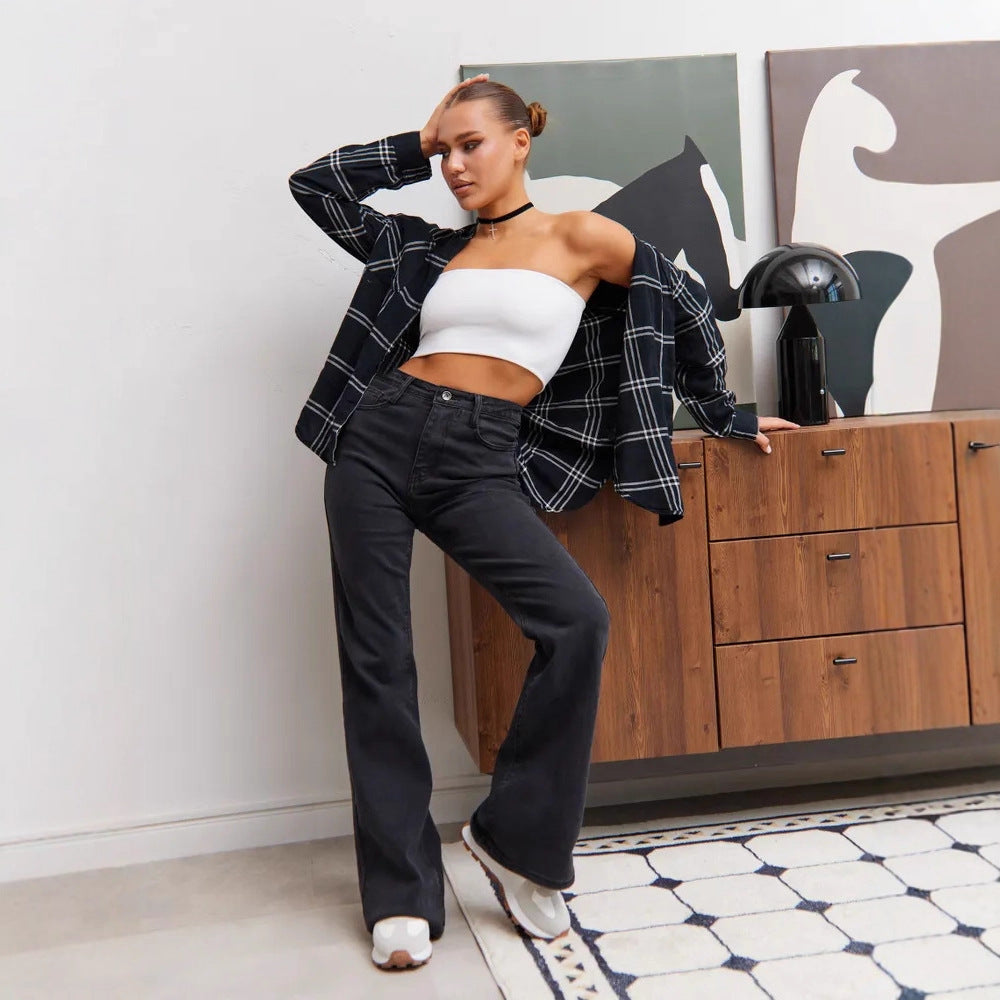 Women’s Black Flared Denim Pants – High Waist Stretch Bootcut Jeans for Autumn Casual & Office Wear