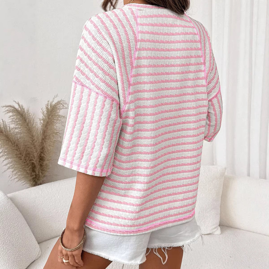 Women’s Striped Crew-Neck Loose Fit Three-Quarter Sleeve T-Shirt