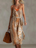Leopard Print Maxi Dress with Waist Tie – Boho Vacation Style Women’s Dress