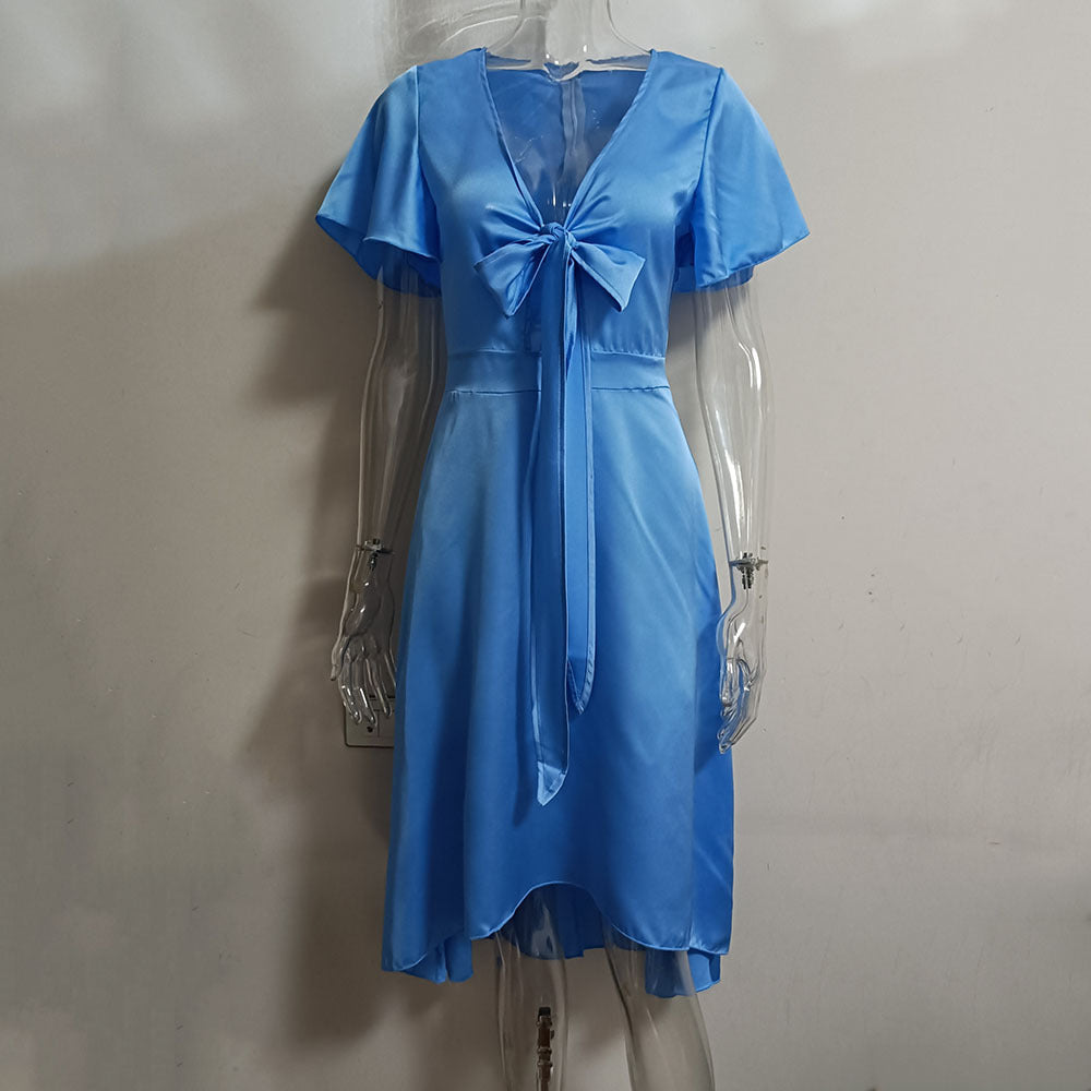 Women’s Lace-Up Asymmetrical Dress – Elegant Solid Color Mid-Length Fit