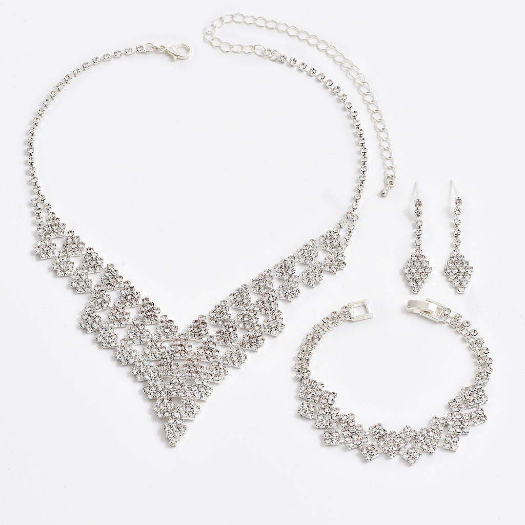 Women’s Rhinestone Jewelry Set – Diamond-Shaped Necklace Bracelet and Earrings