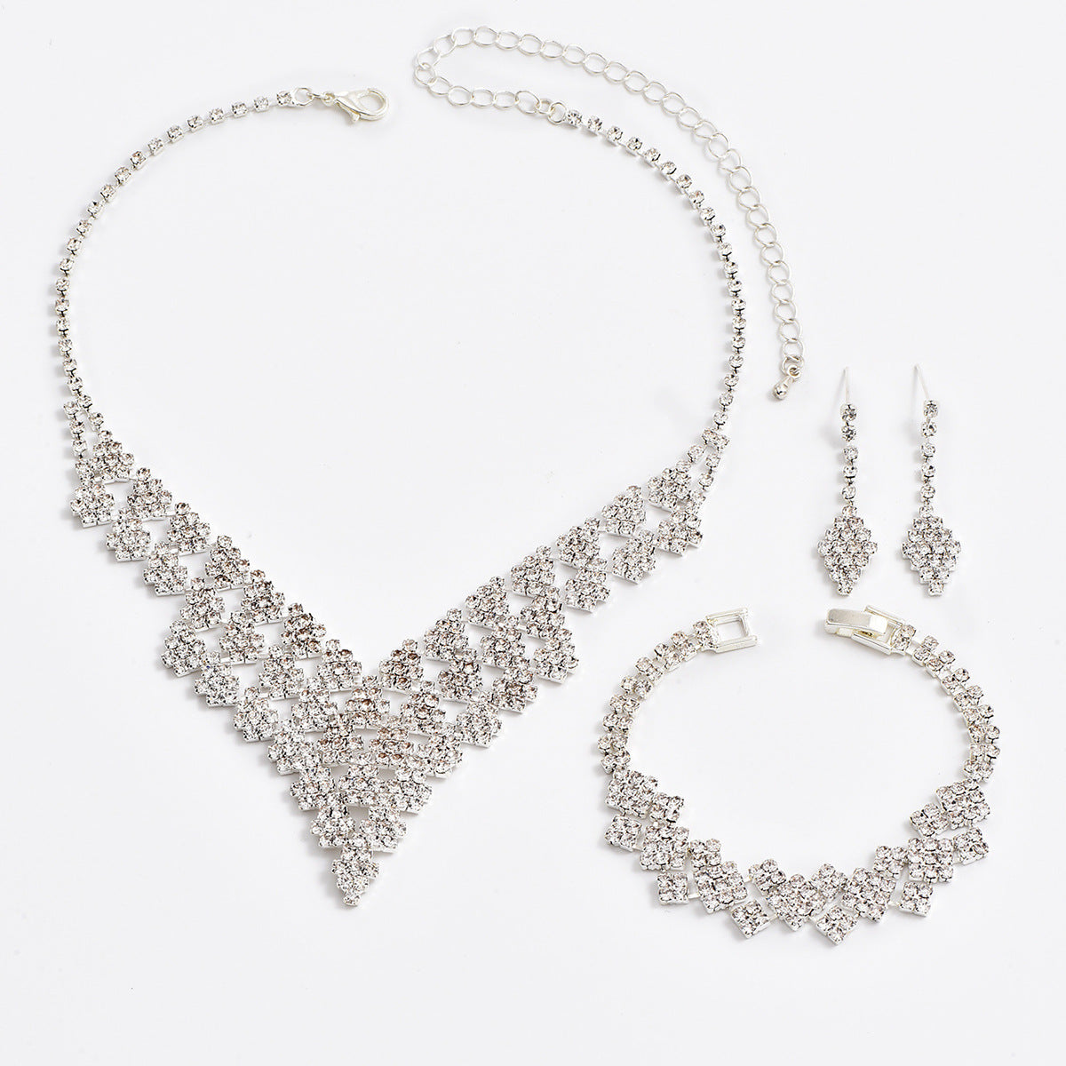 Women’s Rhinestone Jewelry Set – Diamond-Shaped Necklace Bracelet and Earrings
