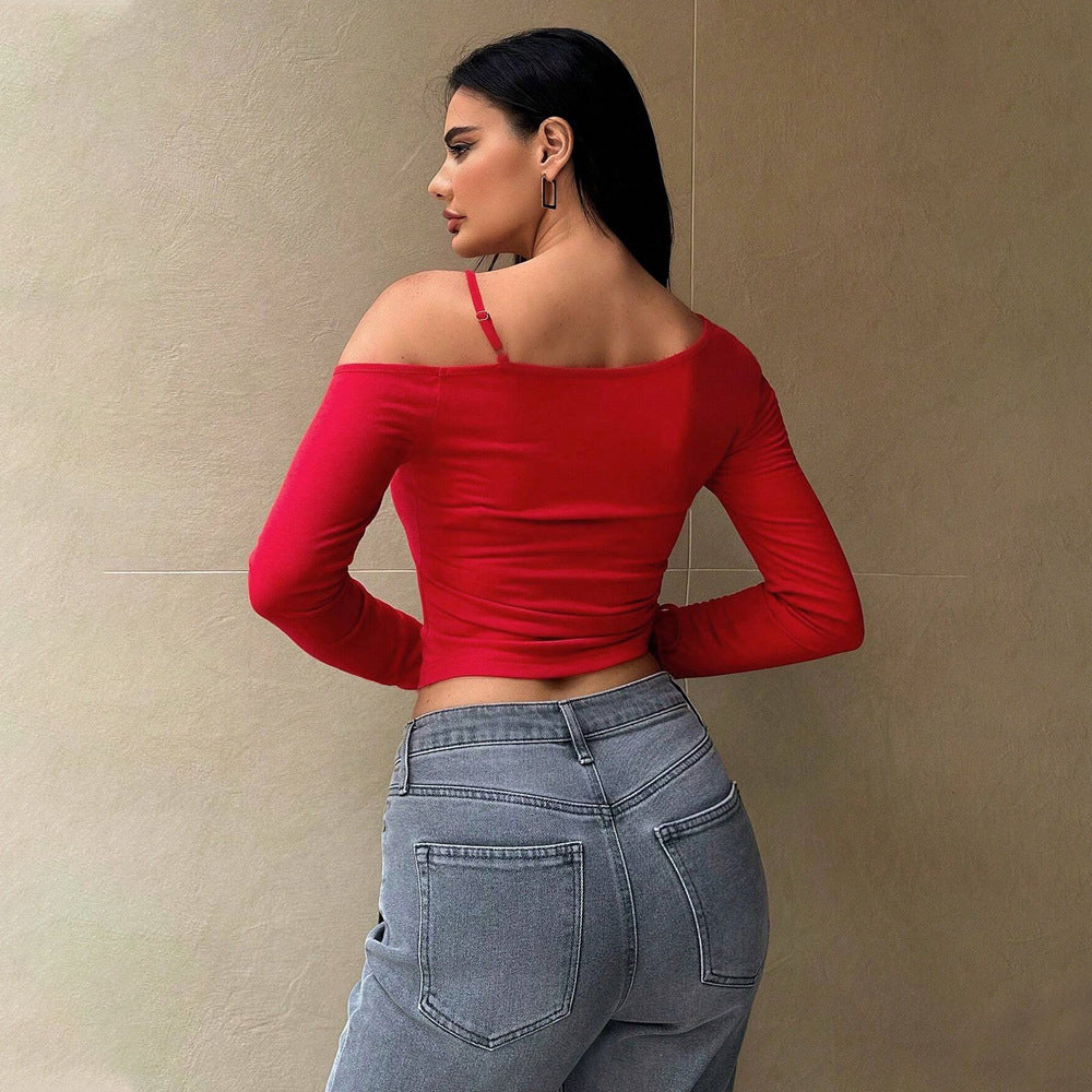 Red Asymmetrical Neck Crop Top – Women’s Slim Fit Long Sleeve Tee