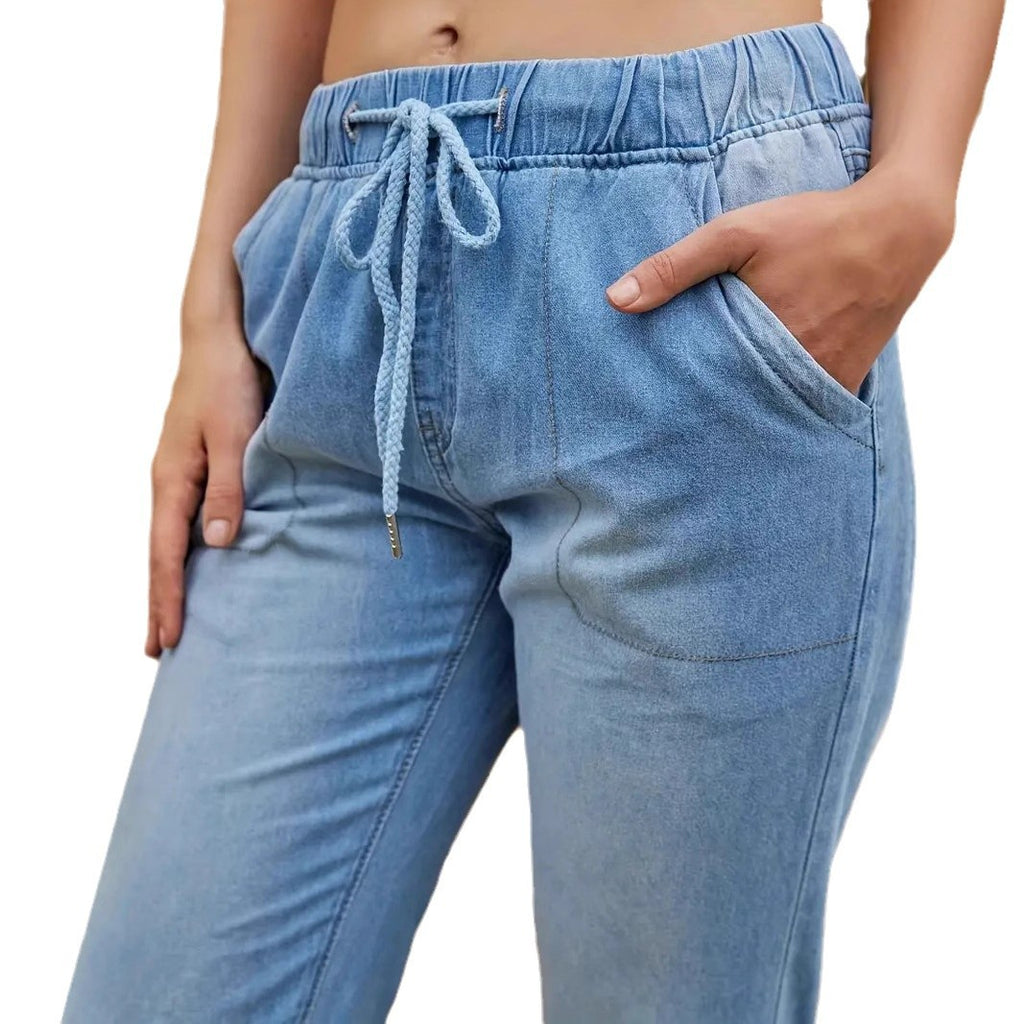 Women’s Elastic Waist Skinny Jeans – Light Blue High Stretch Casual Denim Pants