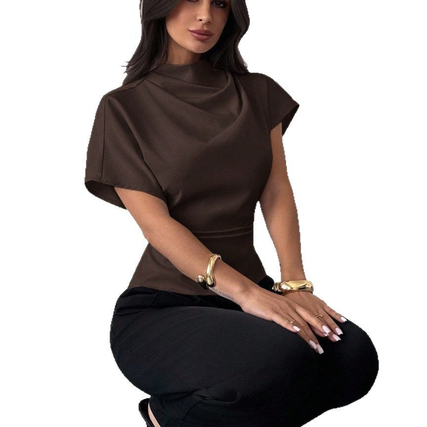 Women’s Asymmetrical Blouse – Slim Fit Pleated Short Sleeve Top