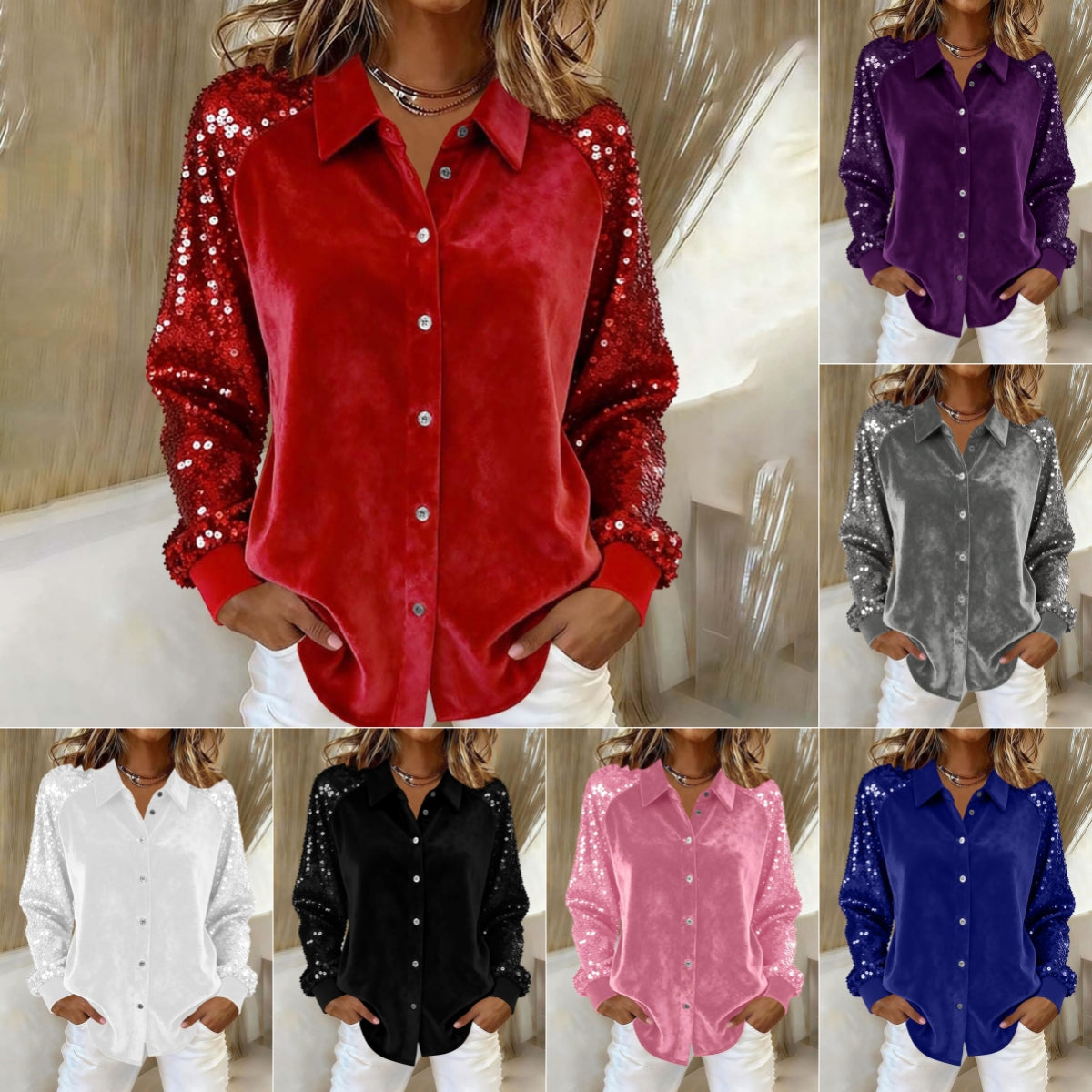 Women’s Sequin Long Sleeve Blouse – Stylish Button Up Party Shirt