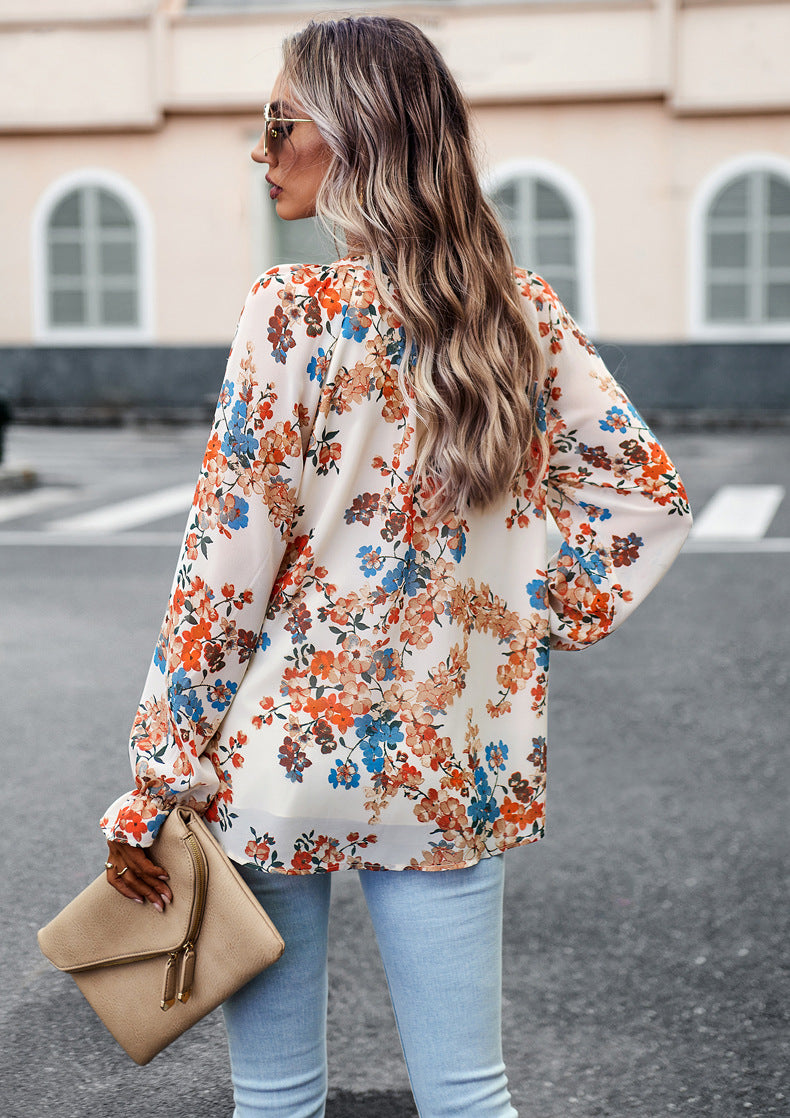 Women’s Floral V-Neck Chiffon Blouse – Casual Elegant Long Sleeve Loose Top