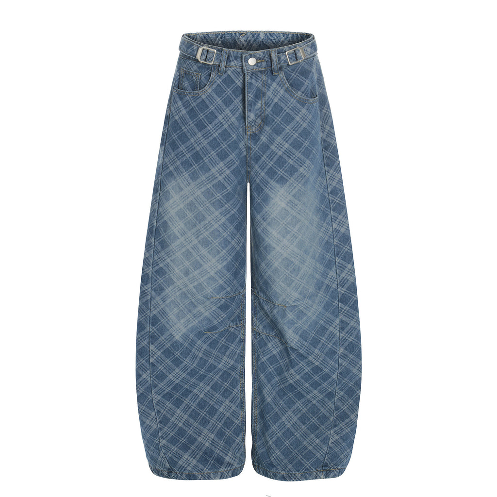 Vintage Plaid Wide-Leg Pants – Mid-Rise Washed Cotton Trousers for Retro Street Style