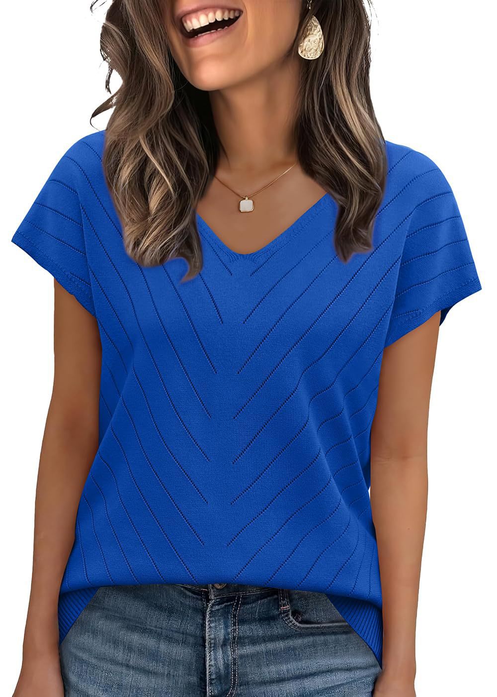 Women’s V-Neck Cutout Knit Sweater – Lightweight Elegant Pullover