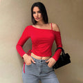 Red Asymmetrical Neck Crop Top – Women’s Slim Fit Long Sleeve Tee