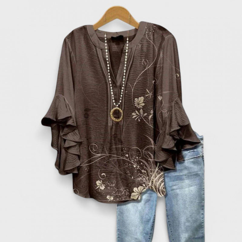 Women’s Printed V-Neck T-Shirt – Retro Digital Print Ruffle Sleeve Top