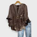 Women’s Printed V-Neck T-Shirt – Retro Digital Print Ruffle Sleeve Top