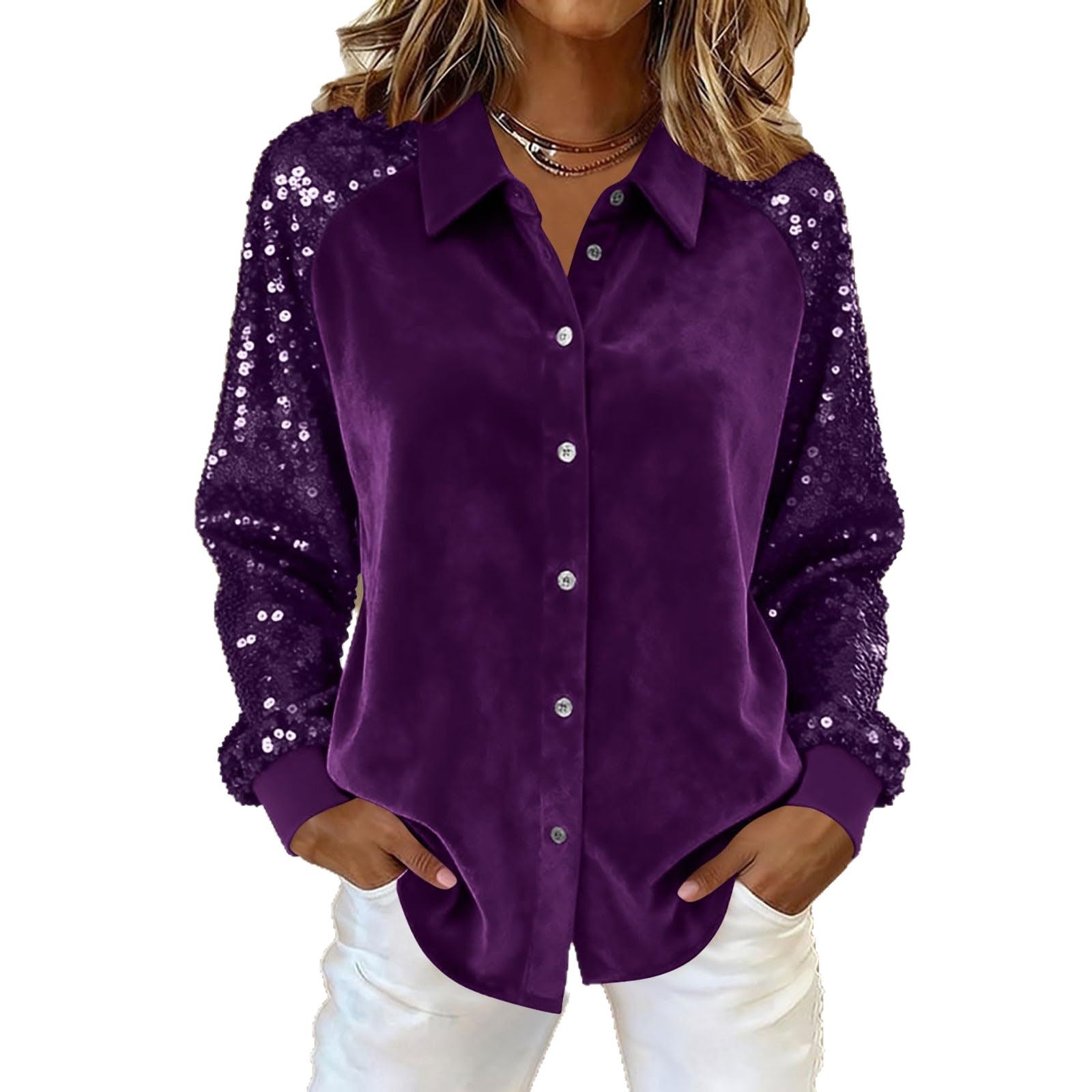 Women’s Sequin Long Sleeve Blouse – Stylish Button Up Party Shirt