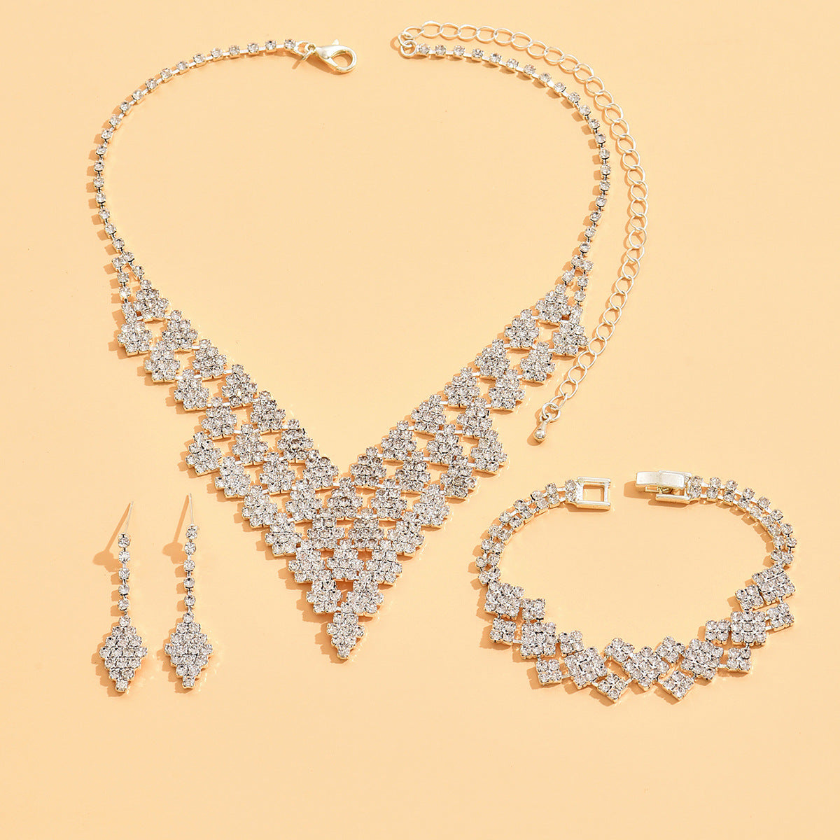 Women’s Rhinestone Jewelry Set – Diamond-Shaped Necklace Bracelet and Earrings