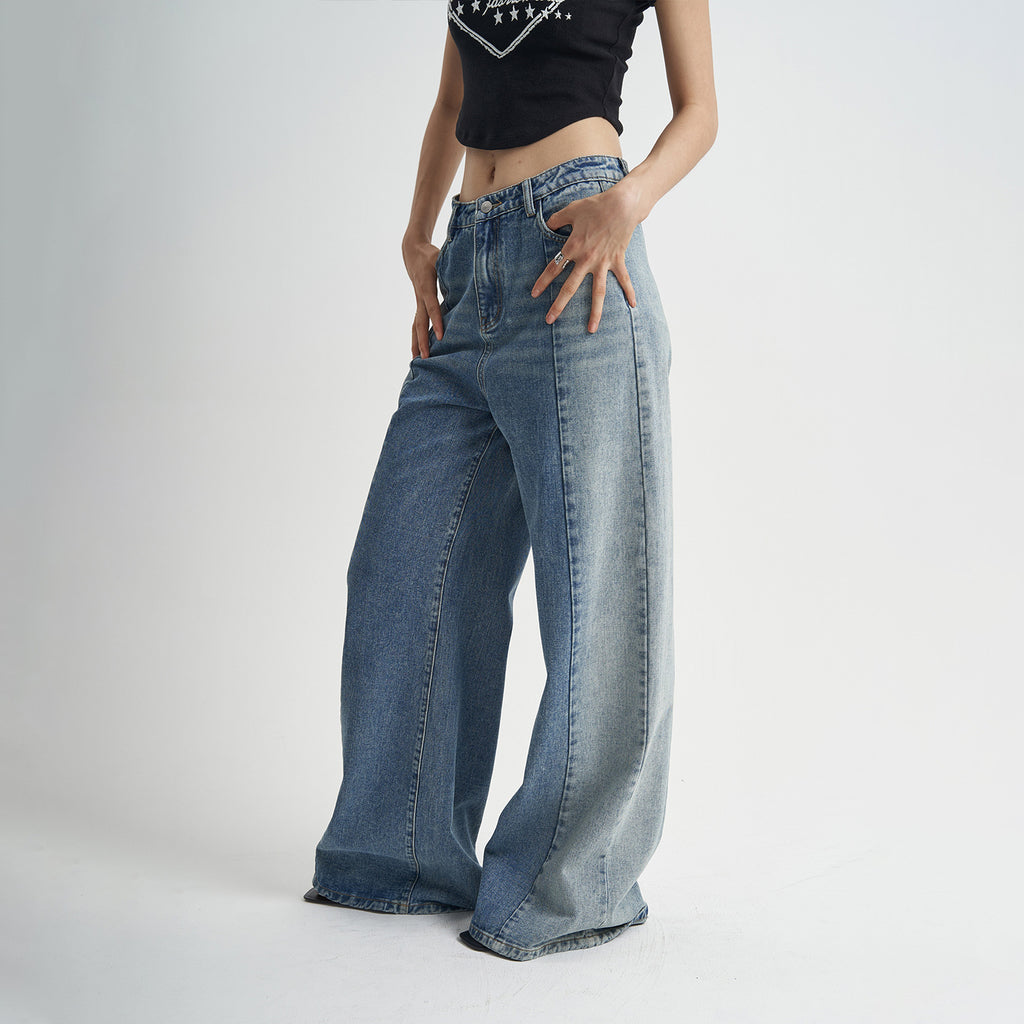 Women’s Washed Blue Straight Leg Jeans – High Waist Loose Fit Denim Pants