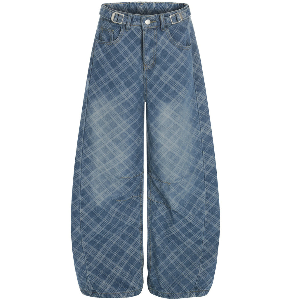 Vintage Plaid Wide-Leg Pants – Mid-Rise Washed Cotton Trousers for Retro Street Style