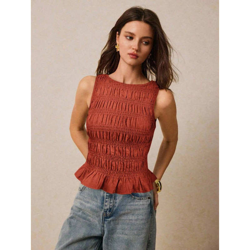 Women’s Pleated Crew Neck Tank Top – Smart Casual Style