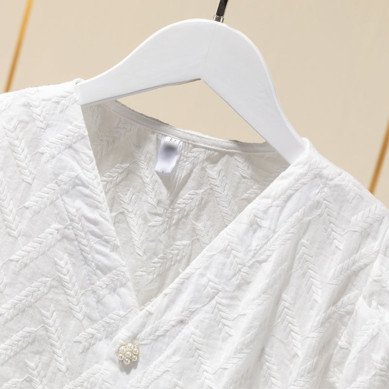 Women’s Cotton Puff Sleeve Shirt – Embroidered White Korean Style Blouse