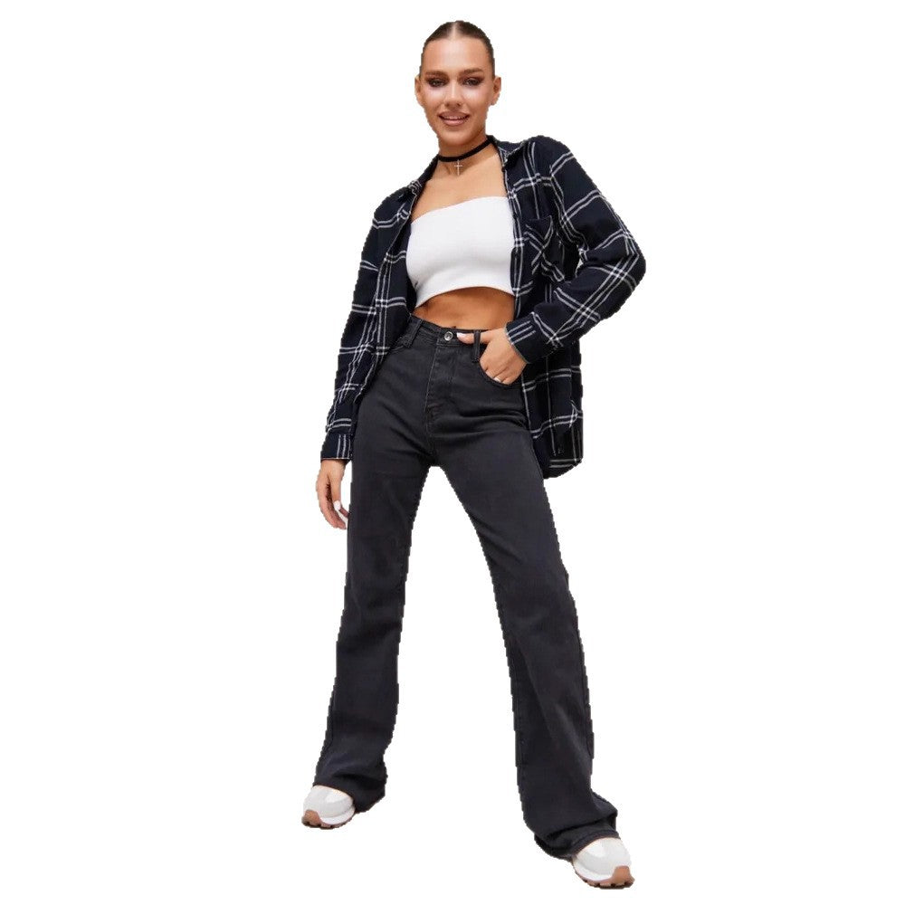 Women’s Black Flared Denim Pants – High Waist Stretch Bootcut Jeans for Autumn Casual & Office Wear
