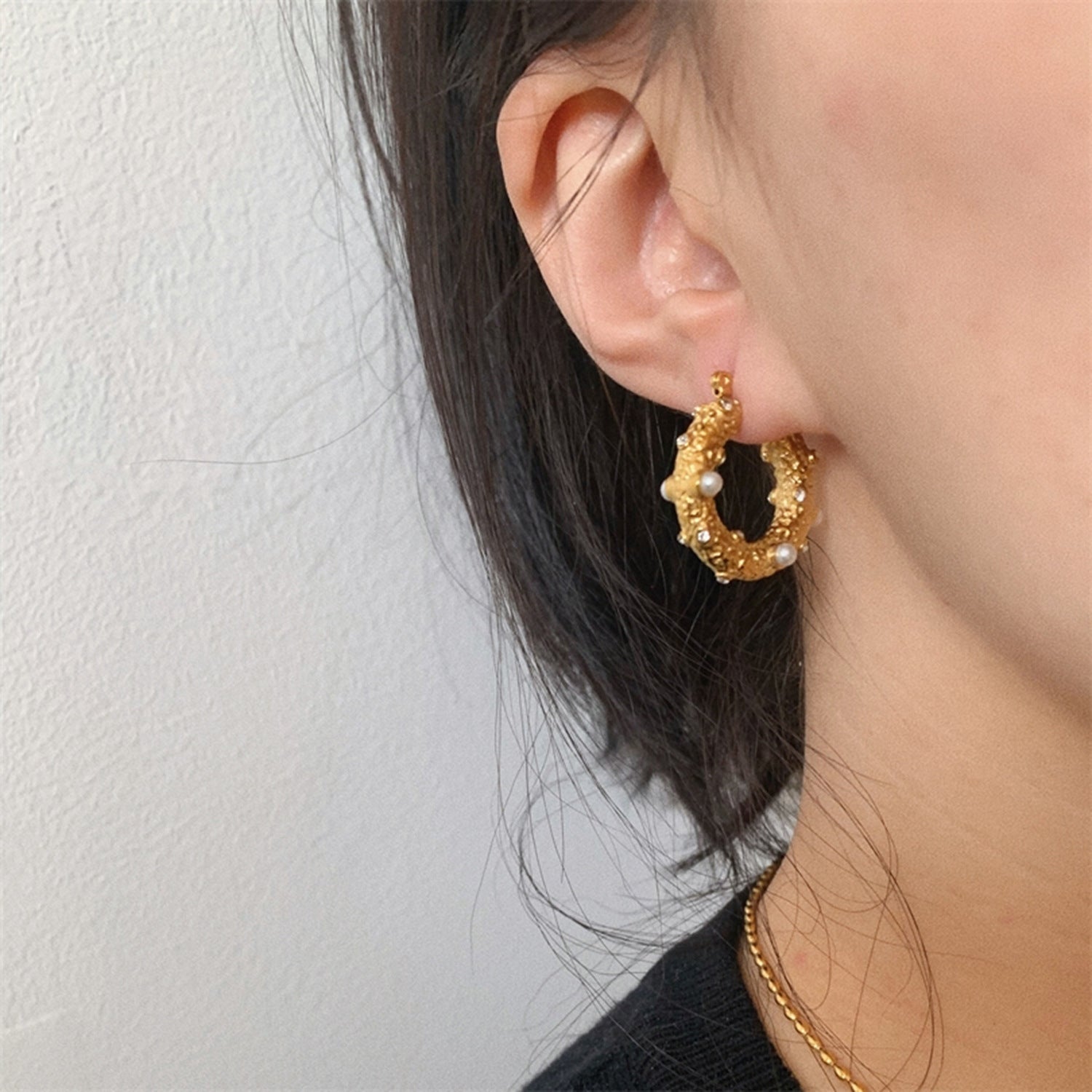 Hammered Cubic Zirconia Earrings for Women – Stainless Steel Retro Geometric Jewelry