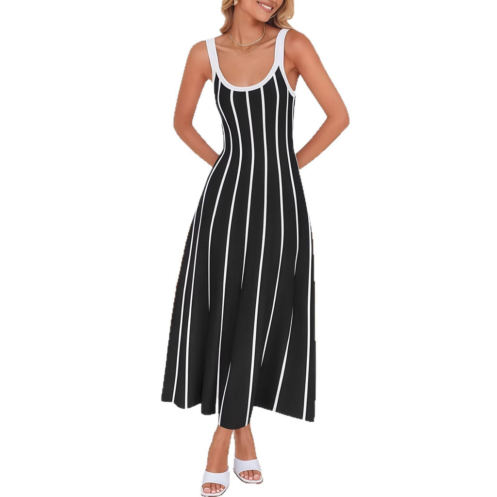 Women’s Striped Maxi Slip Dress – Sleeveless High Waist Casual Elegant Dress