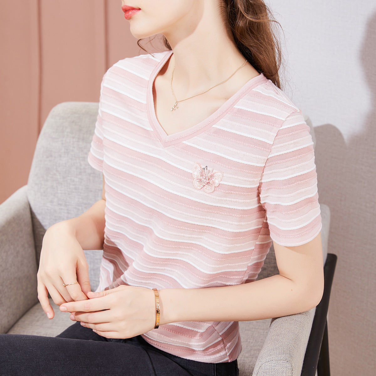 Striped Butterfly Embroidered Women's T-Shirt – Round Neck Short Sleeve Tee