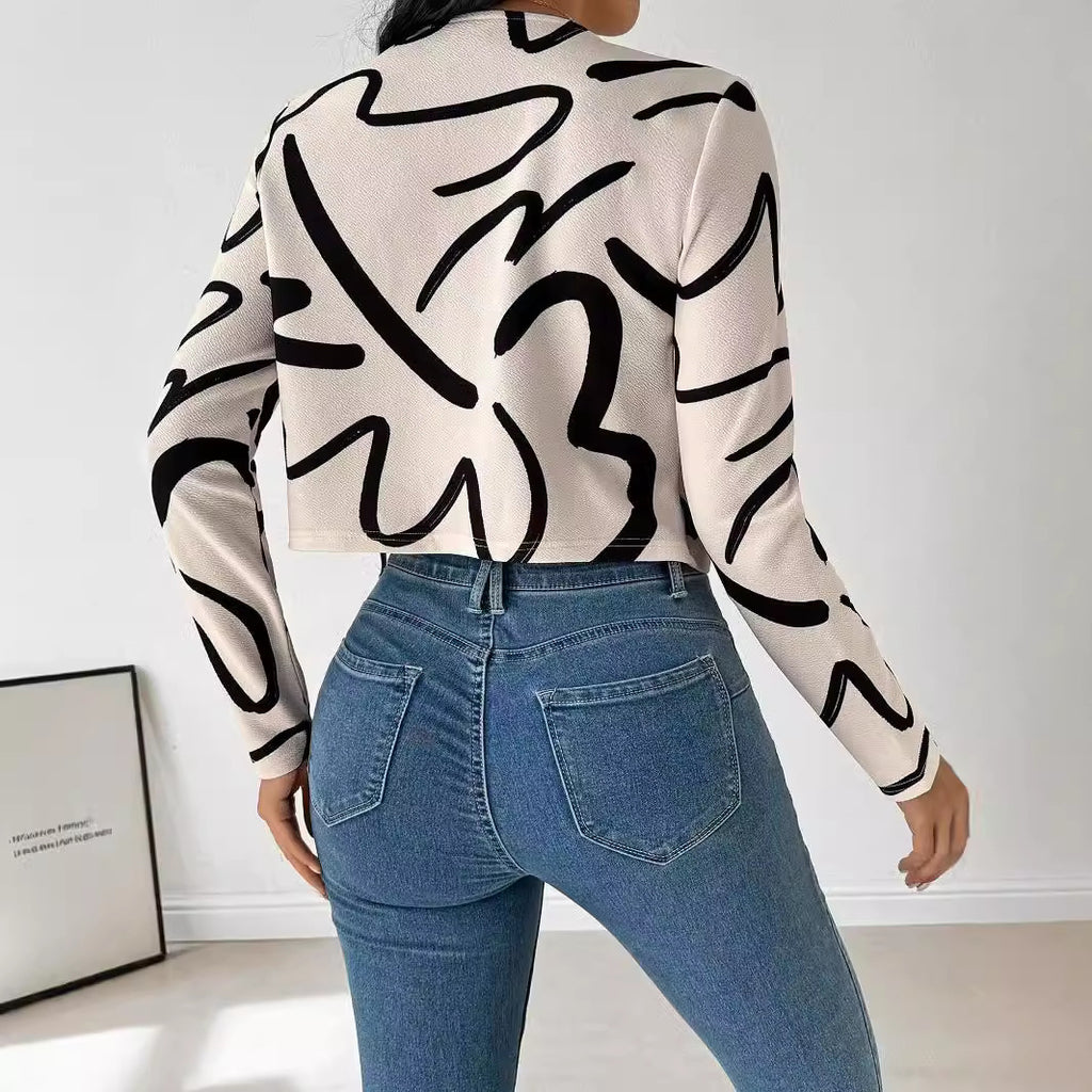 Women’s Printed Jacket Top – Elegant Geometric Long Sleeve Casual Jacket
