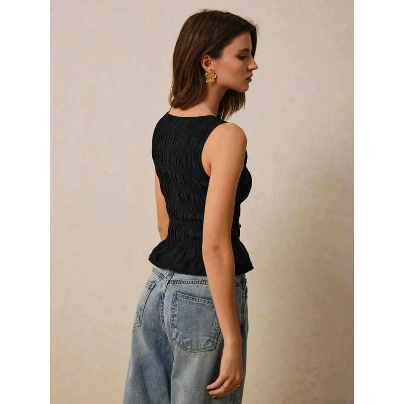 Women’s Pleated Crew Neck Tank Top – Smart Casual Style