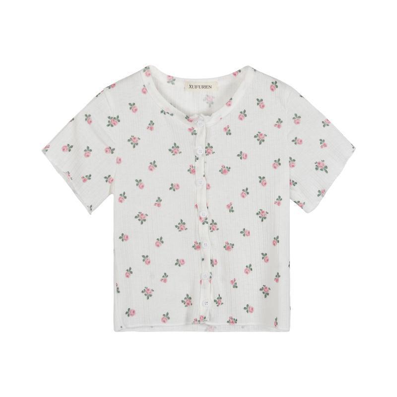 Floral Kawaii Crop Top for Women – Button Front V-Neck Summer Blouse