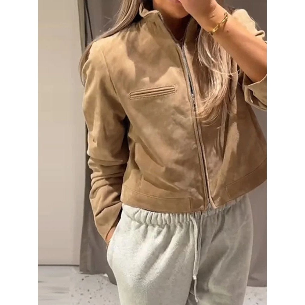 Women’s Cropped Suede Jacket – Brown Zip Up Stand Collar Spring Coat