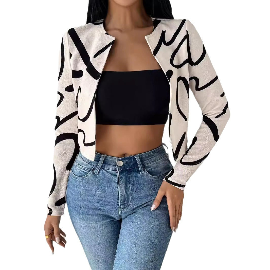 Women’s Printed Jacket Top – Elegant Geometric Long Sleeve Casual Jacket