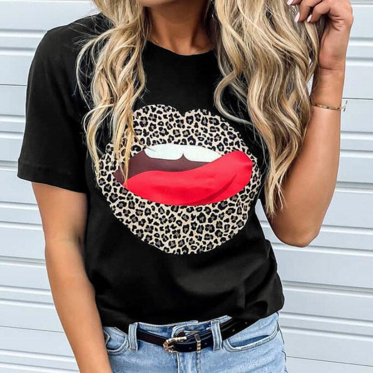 Women’s Leopard Print Lips T-Shirt – Casual Loose Fit Graphic Tee