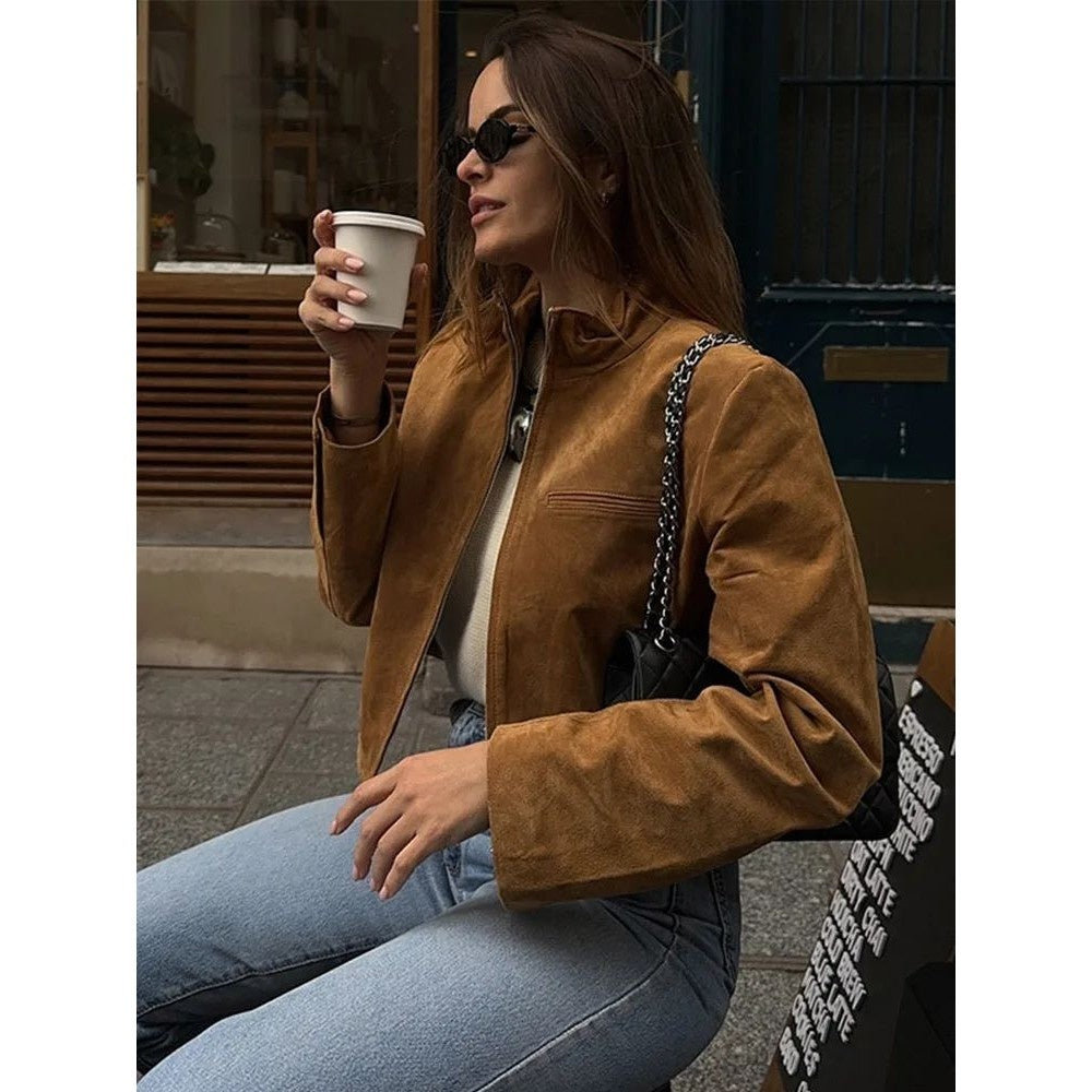 Women’s Cropped Suede Jacket – Brown Zip Up Stand Collar Spring Coat