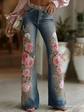 Women’s Retro Printed Faux Denim Jeans – Flared Style