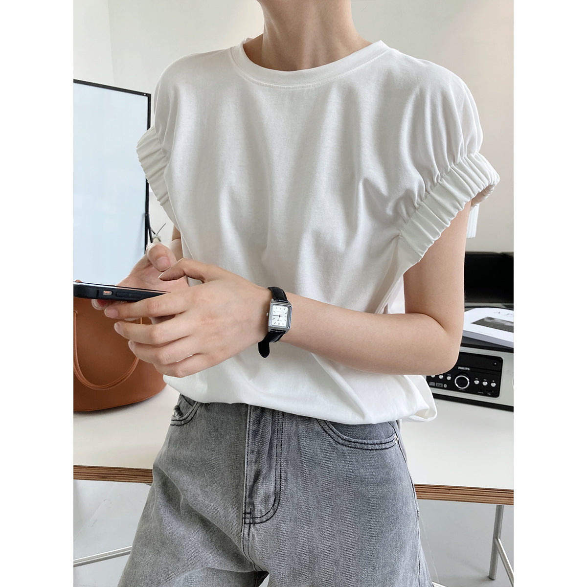 Women’s Pleated Short Sleeve T-Shirt – Casual Loose Fit Cotton Top