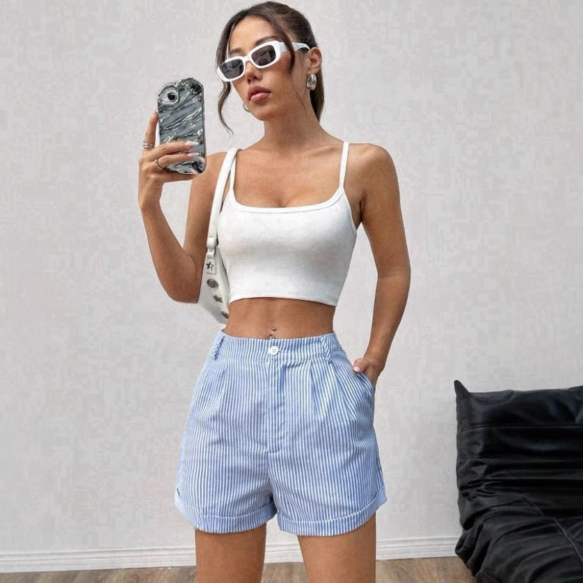 Women’s Striped Pocket Shorts – Low-Waist Casual Style