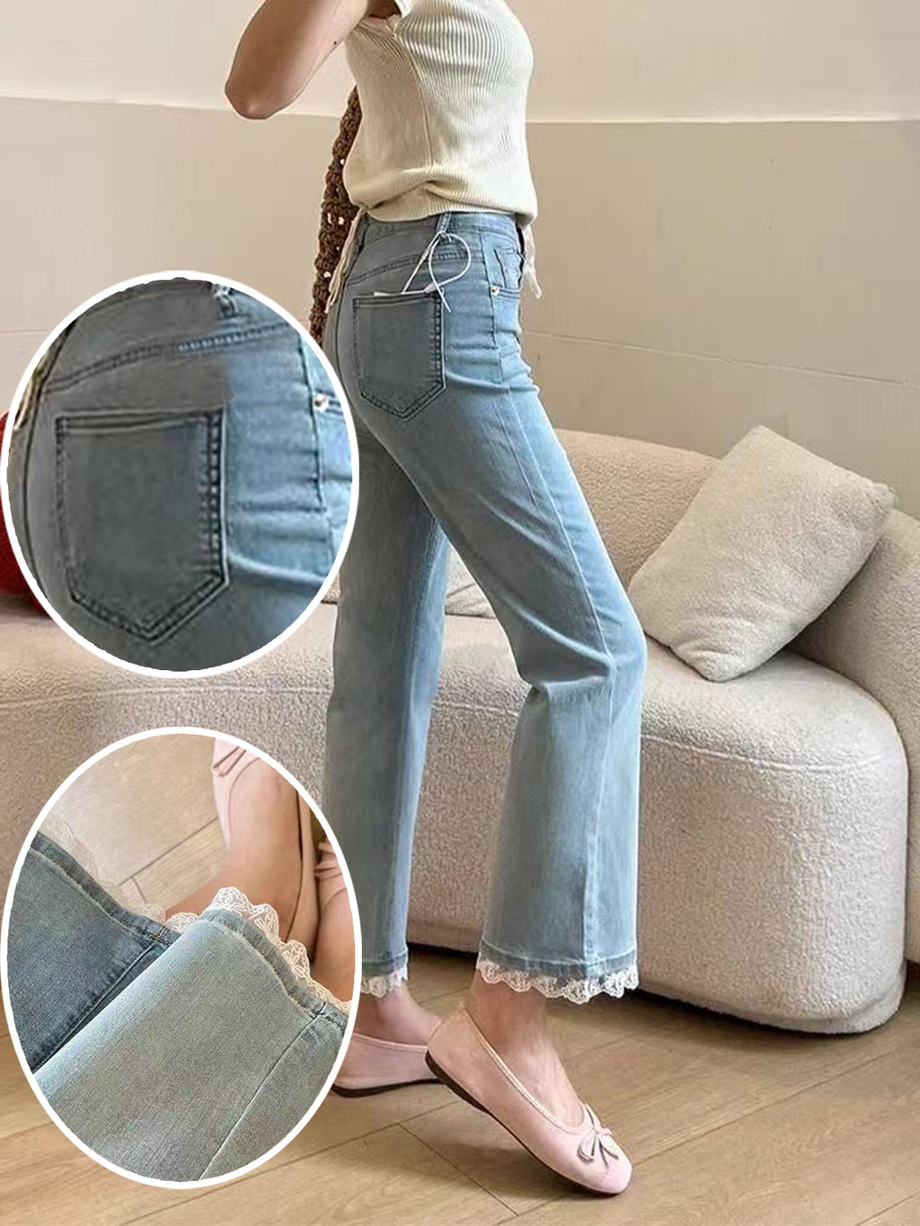 Women’s Cropped Flared Jeans – Light Blue Lace-Up Elastic Waist Casual Denim Pants