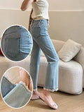 Women’s Cropped Flared Jeans – Light Blue Lace-Up Elastic Waist Casual Denim Pants